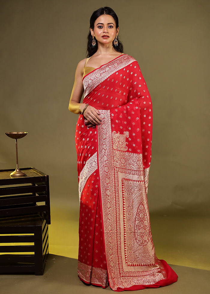 Red Handloom Pure Georgette Saree With Blouse Piece