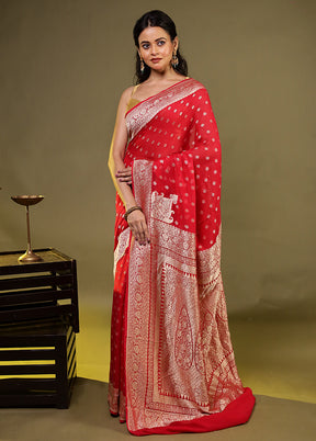 Red Handloom Pure Georgette Saree With Blouse Piece