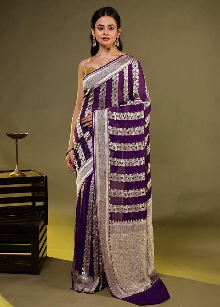 Purple Handloom Pure Georgette Saree With Blouse Piece