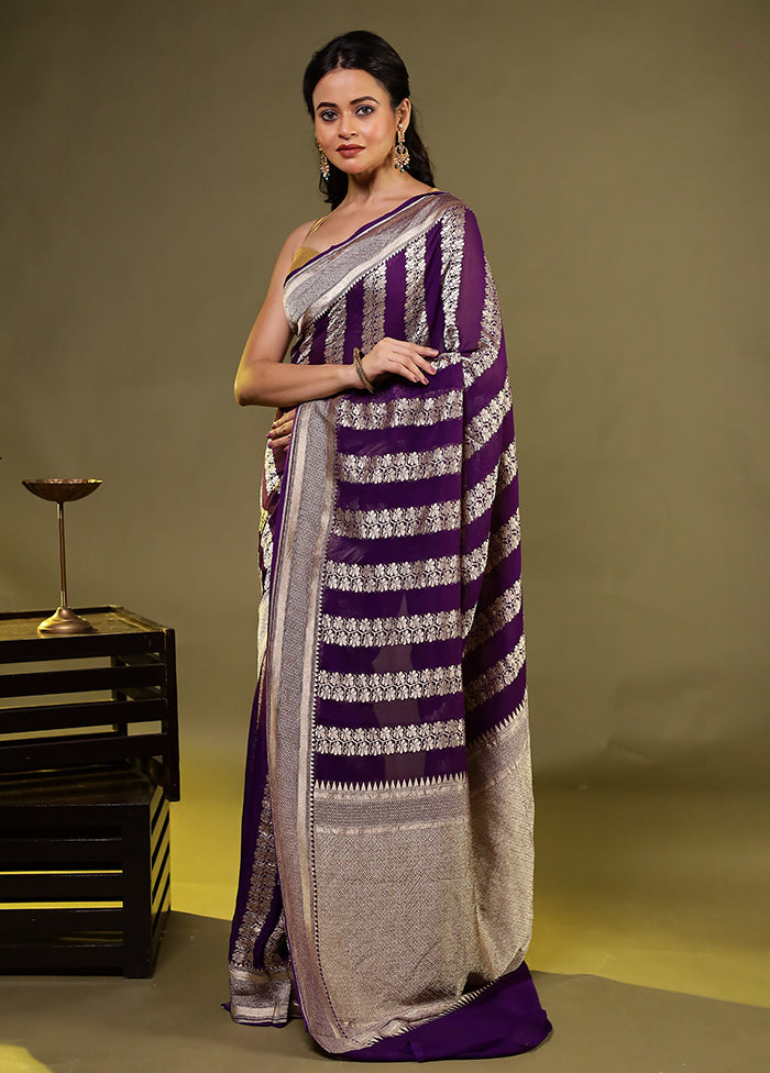 Purple Handloom Pure Georgette Saree With Blouse Piece