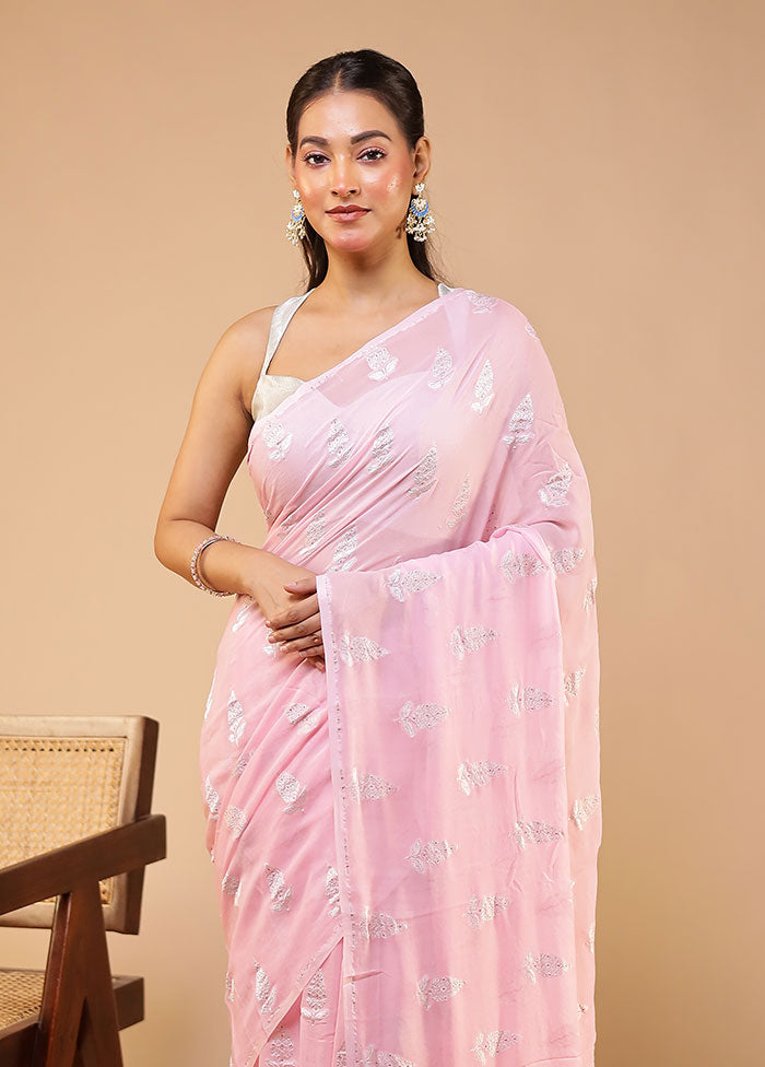 Pink Handloom Pure Georgette Saree With Blouse Piece