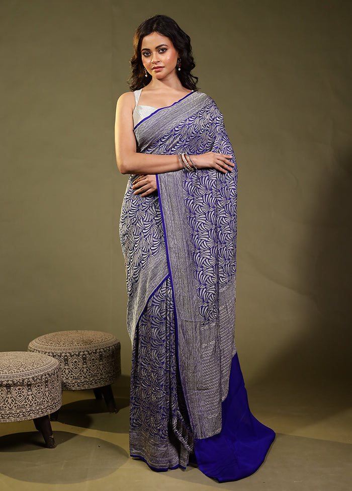 Blue Handloom Pure Georgette Saree With Blouse Piece