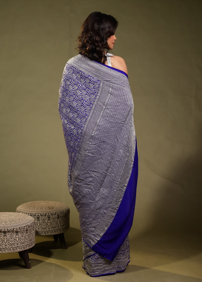Blue Handloom Pure Georgette Saree With Blouse Piece