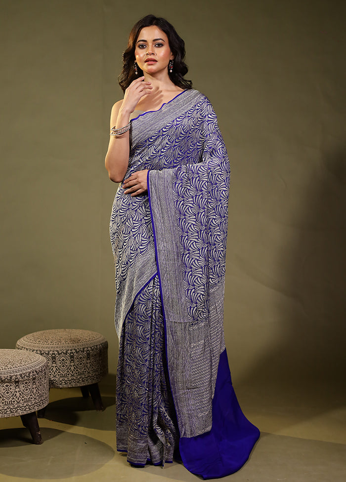 Blue Handloom Pure Georgette Saree With Blouse Piece