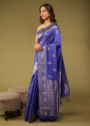 Blue Dupion Silk Saree With Blouse Piece