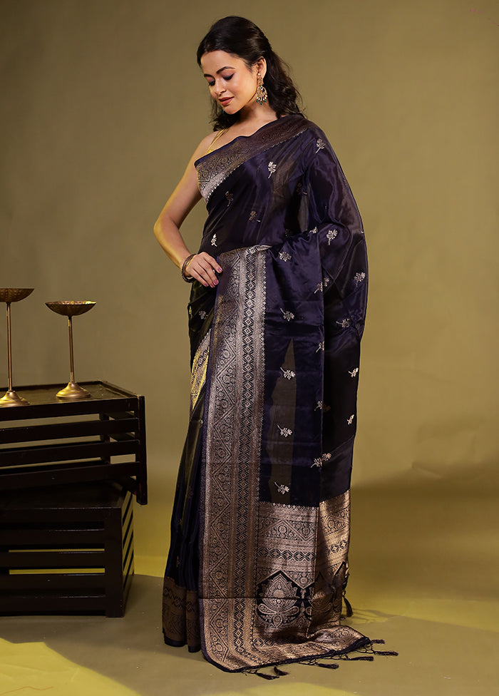 Blue Dupion Silk Saree With Blouse Piece