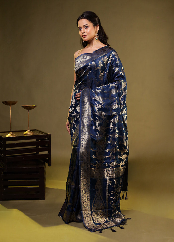 Blue Dupion Silk Saree With Blouse Piece