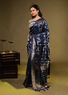 Blue Dupion Silk Saree With Blouse Piece