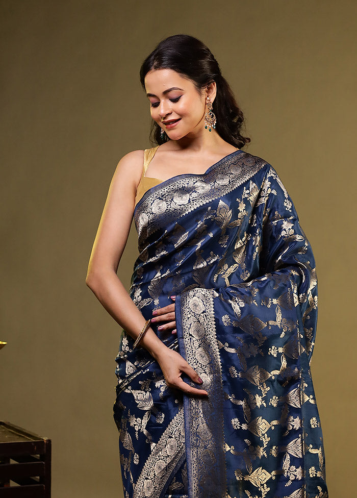 Blue Dupion Silk Saree With Blouse Piece