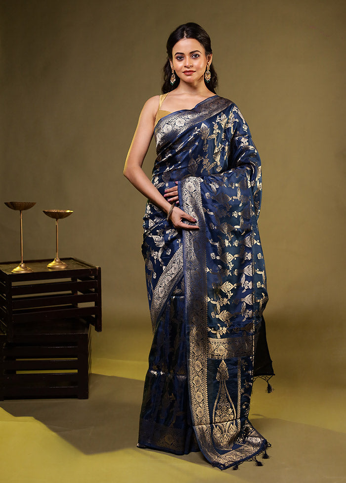 Blue Dupion Silk Saree With Blouse Piece
