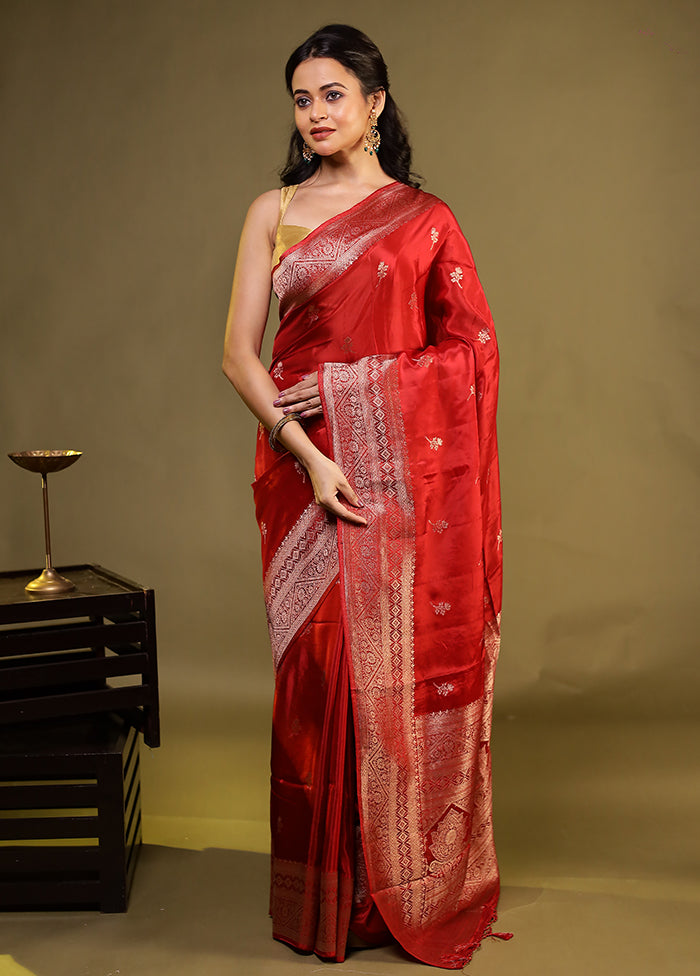 Red Dupion Silk Saree With Blouse Piece