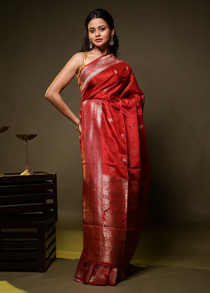 Red Dupion Silk Saree With Blouse Piece