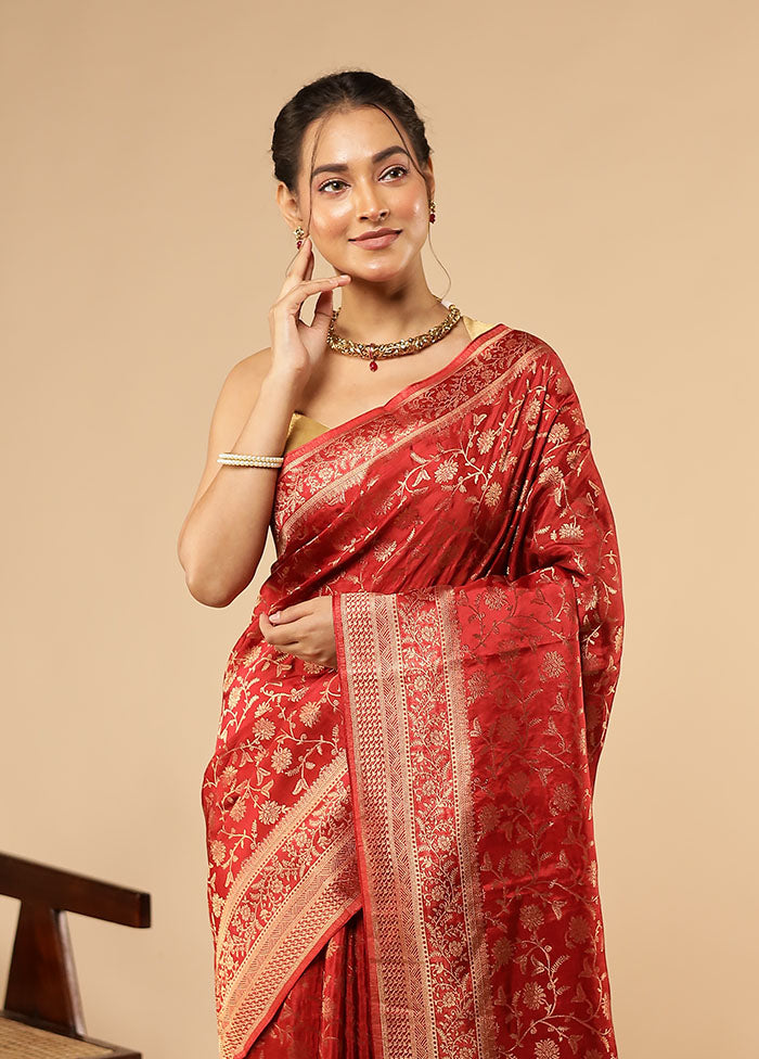 Red Dupion Silk Saree With Blouse Piece
