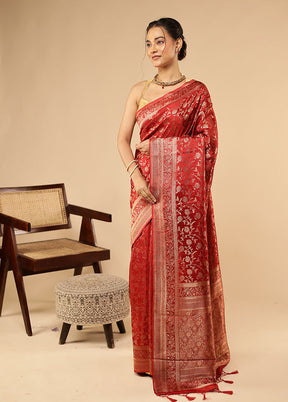 Red Dupion Silk Saree With Blouse Piece