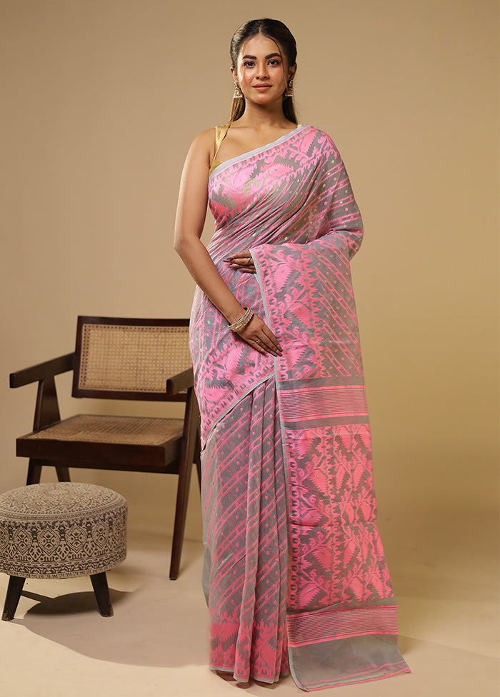Grey Jamdani Cotton Saree Without Blouse Piece