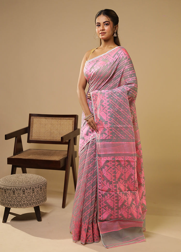 Grey Jamdani Cotton Saree Without Blouse Piece