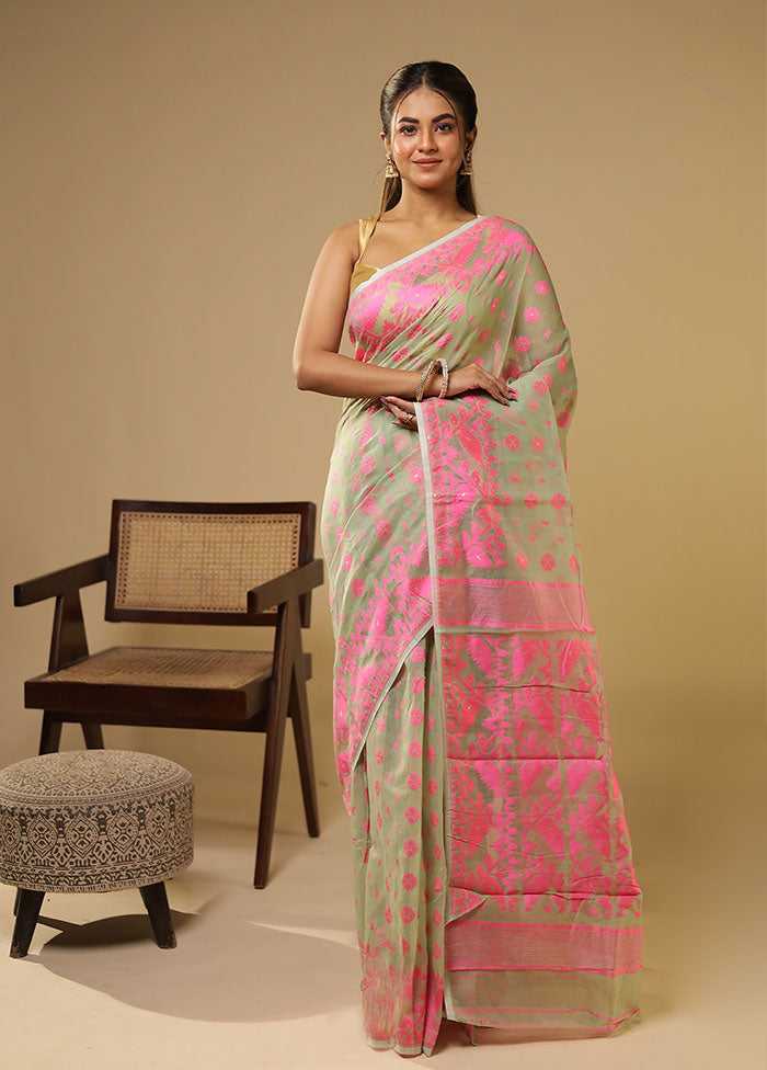 Green Jamdani Cotton Saree Without Blouse Piece
