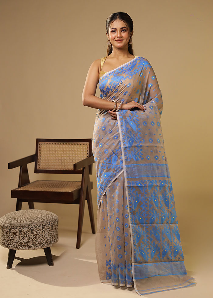 Grey Jamdani Cotton Saree Without Blouse Piece