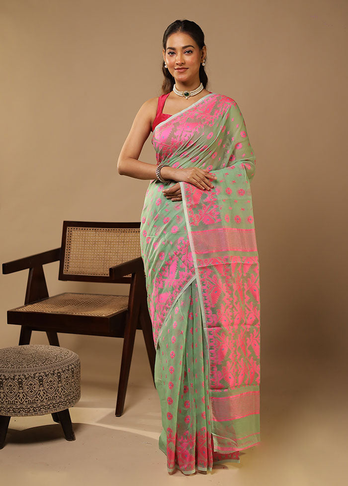 Green Jamdani Cotton Saree Without Blouse Piece