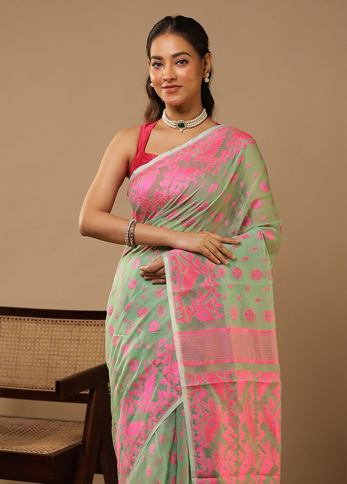 Green Jamdani Cotton Saree Without Blouse Piece