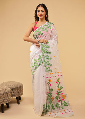 White Jamdani Cotton Saree Without Blouse Piece