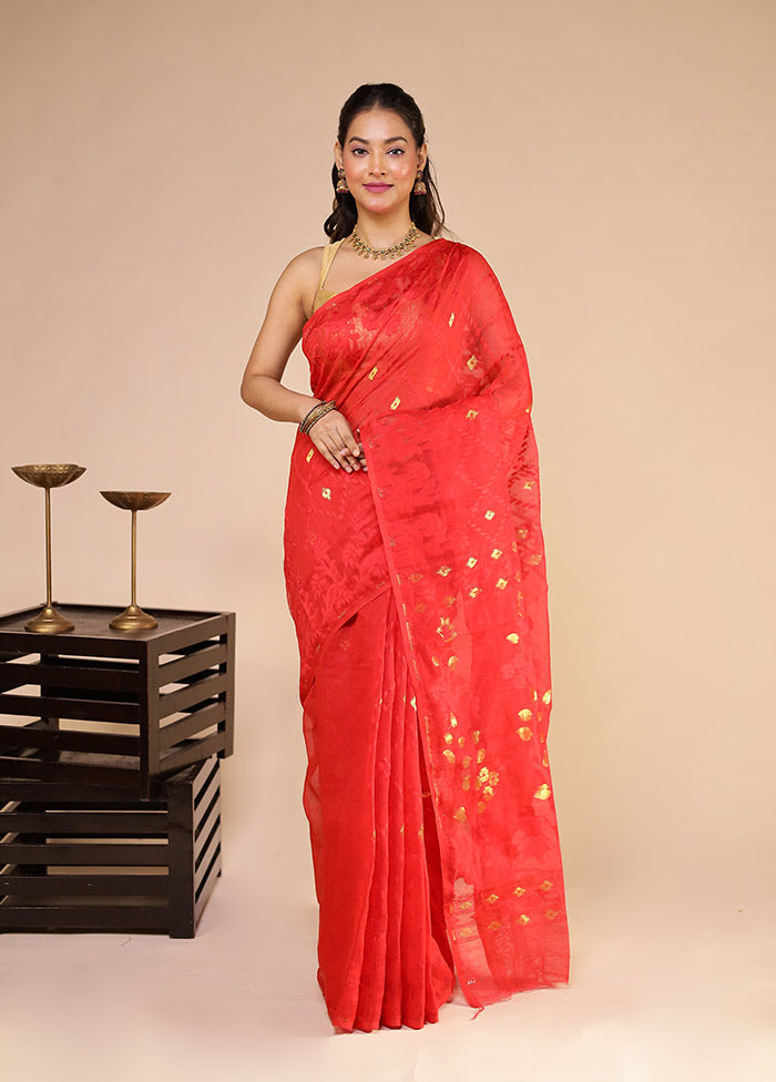 Red Jamdani Cotton Saree Without Blouse Piece