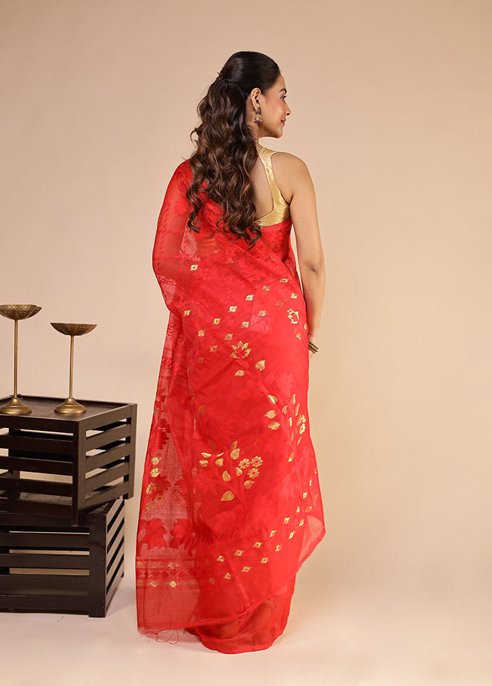 Red Jamdani Cotton Saree Without Blouse Piece