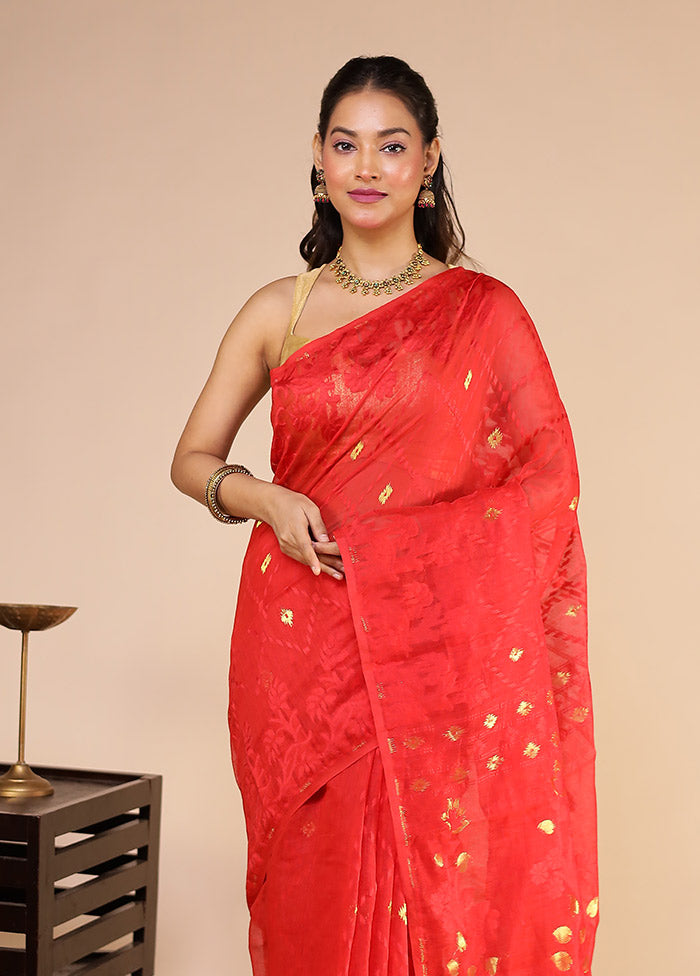 Red Jamdani Cotton Saree Without Blouse Piece
