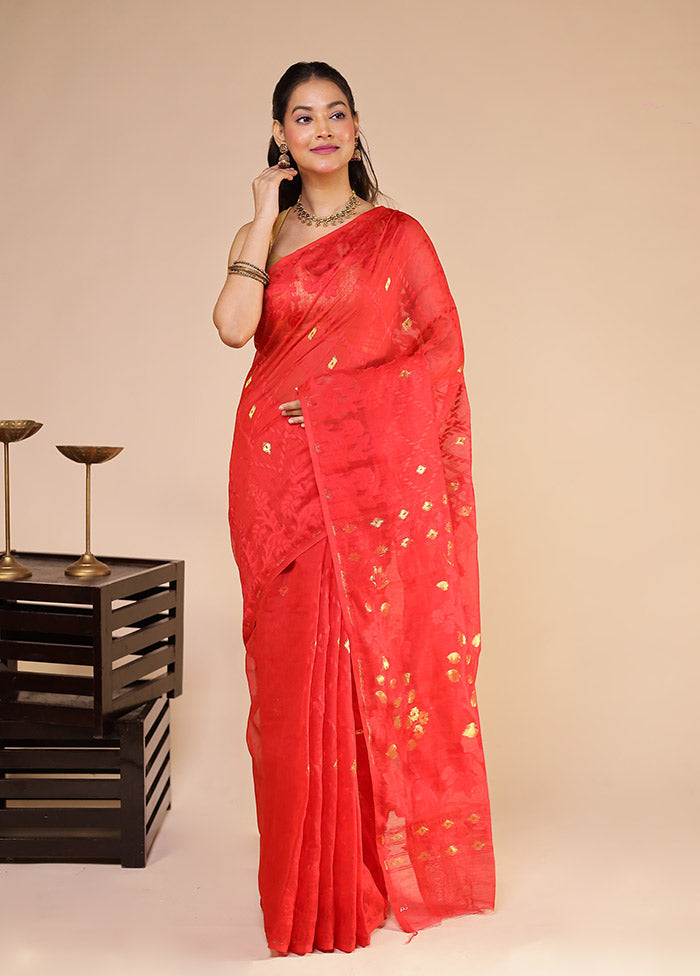 Red Jamdani Cotton Saree Without Blouse Piece