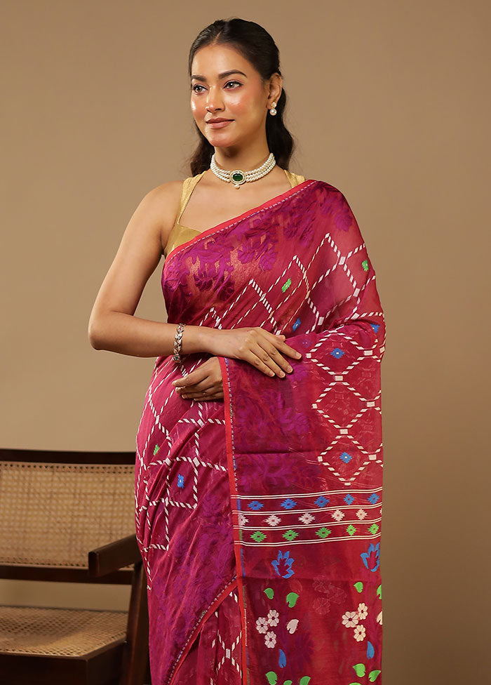 Purple Jamdani Cotton Saree Without Blouse Piece
