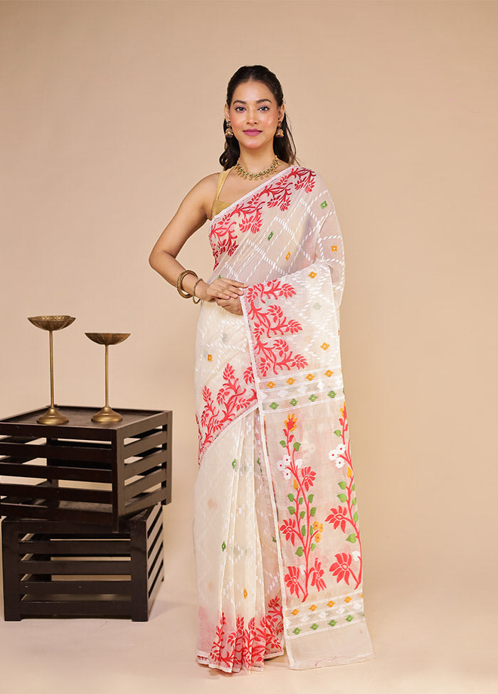 Cream Jamdani Cotton Saree Without Blouse Piece