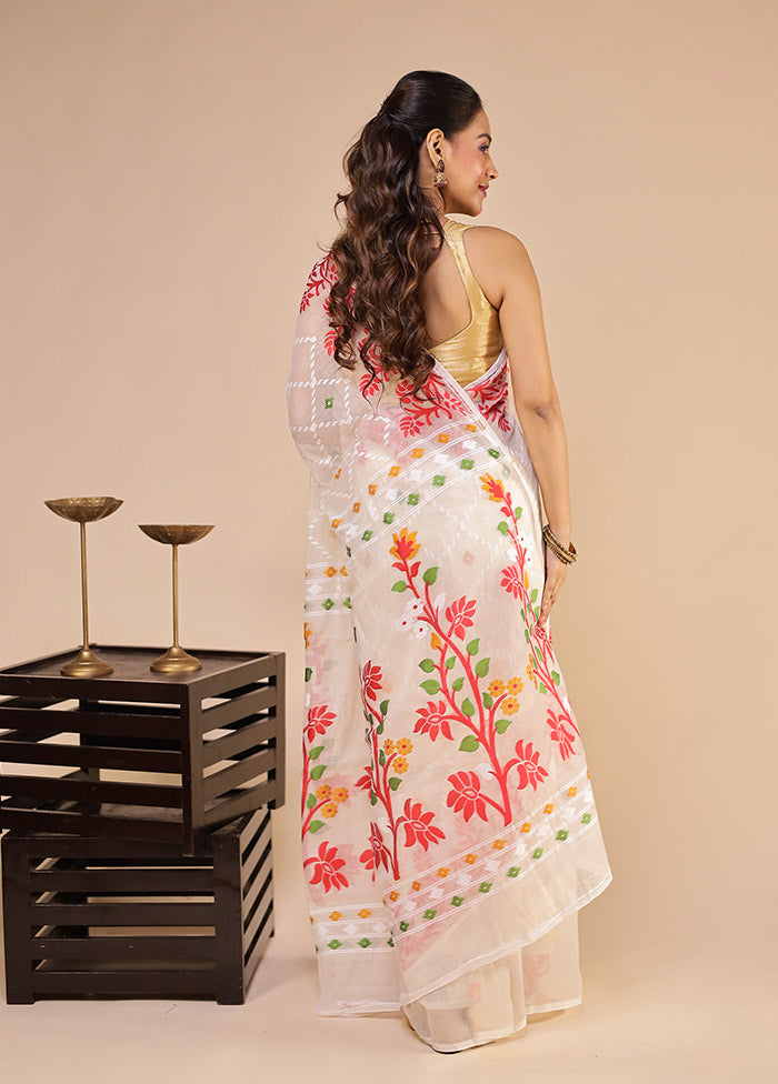 Cream Jamdani Cotton Saree Without Blouse Piece
