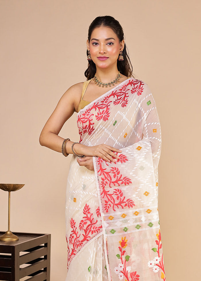 Cream Jamdani Cotton Saree Without Blouse Piece