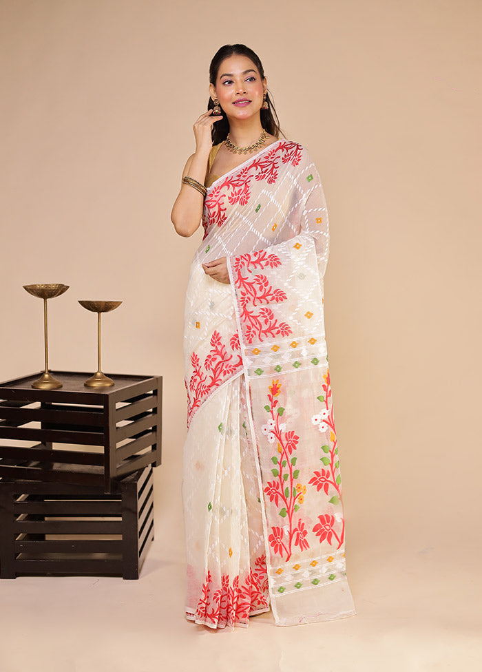Cream Jamdani Cotton Saree Without Blouse Piece