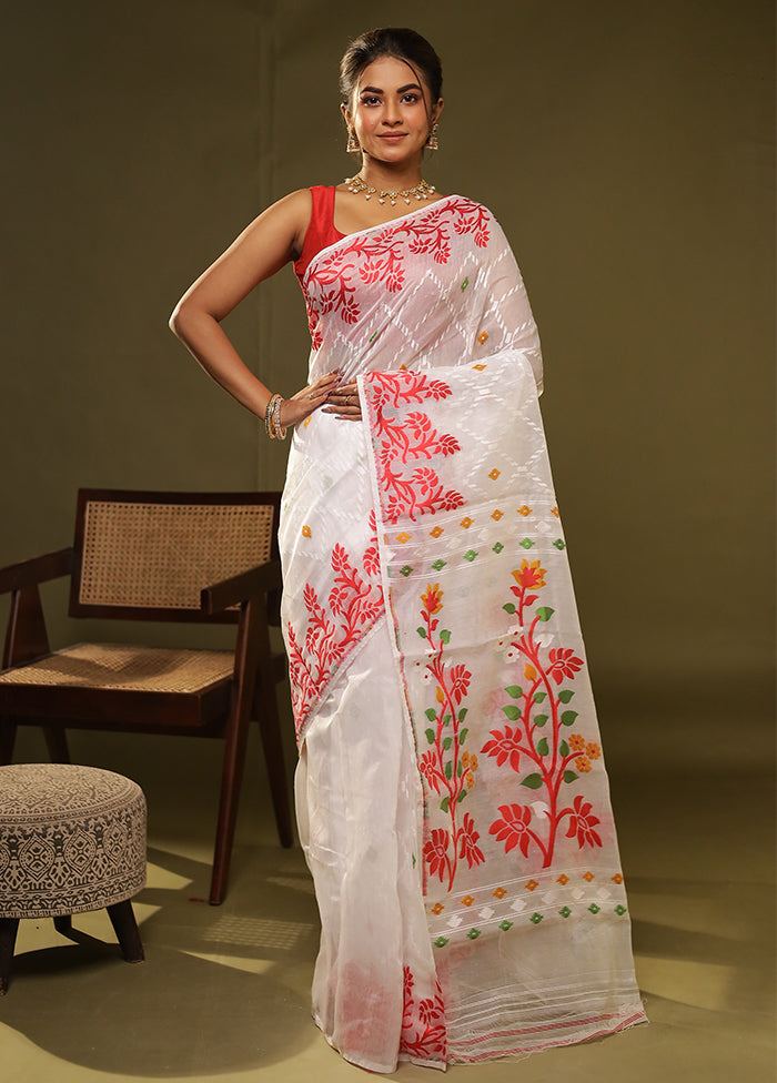 White Jamdani Cotton Saree Without Blouse Piece