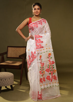 White Jamdani Cotton Saree Without Blouse Piece