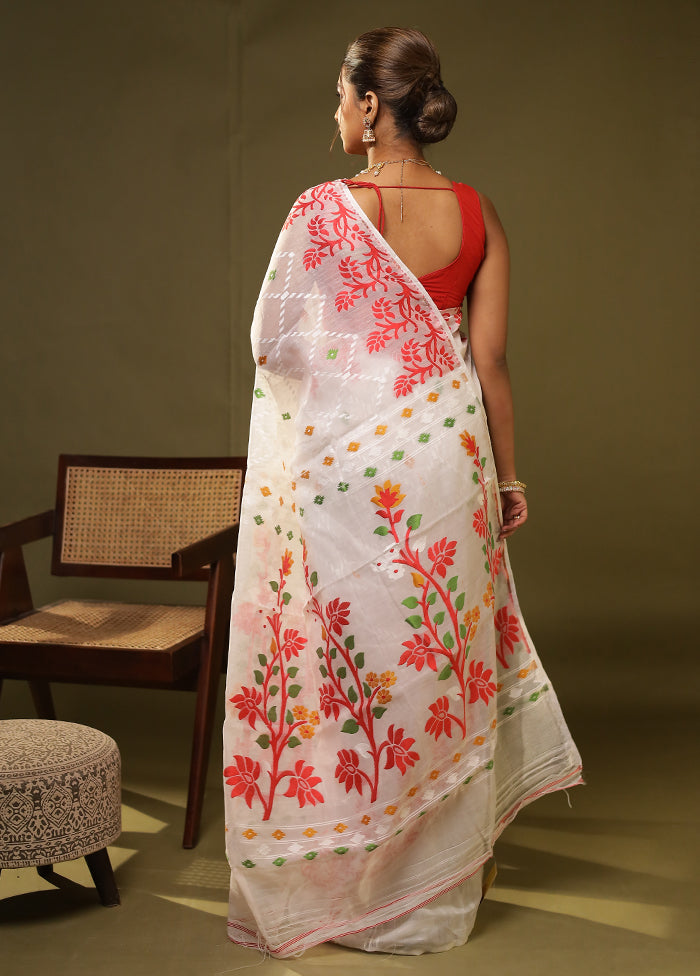 White Jamdani Cotton Saree Without Blouse Piece