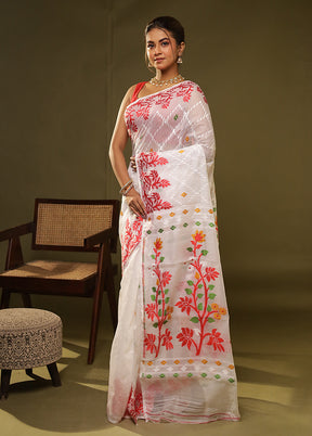 White Jamdani Cotton Saree Without Blouse Piece