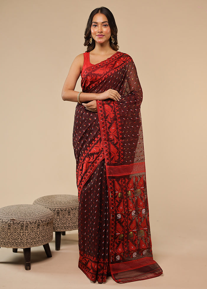 Maroon Jamdani Cotton Saree Without Blouse Piece