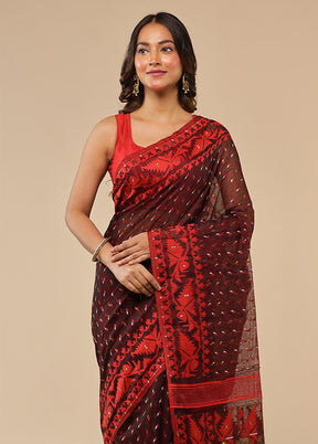 Maroon Jamdani Cotton Saree Without Blouse Piece