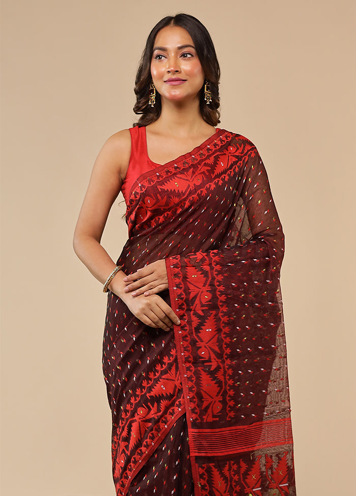 Maroon Jamdani Cotton Saree Without Blouse Piece