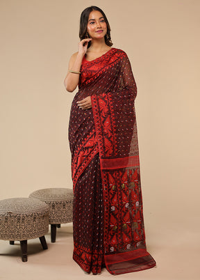 Maroon Jamdani Cotton Saree Without Blouse Piece