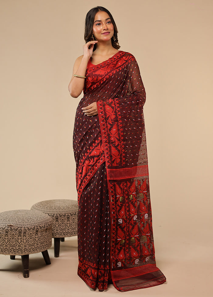 Maroon Jamdani Cotton Saree Without Blouse Piece