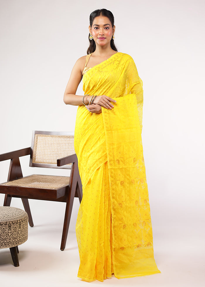 Yellow Jamdani Cotton Saree Without Blouse Piece