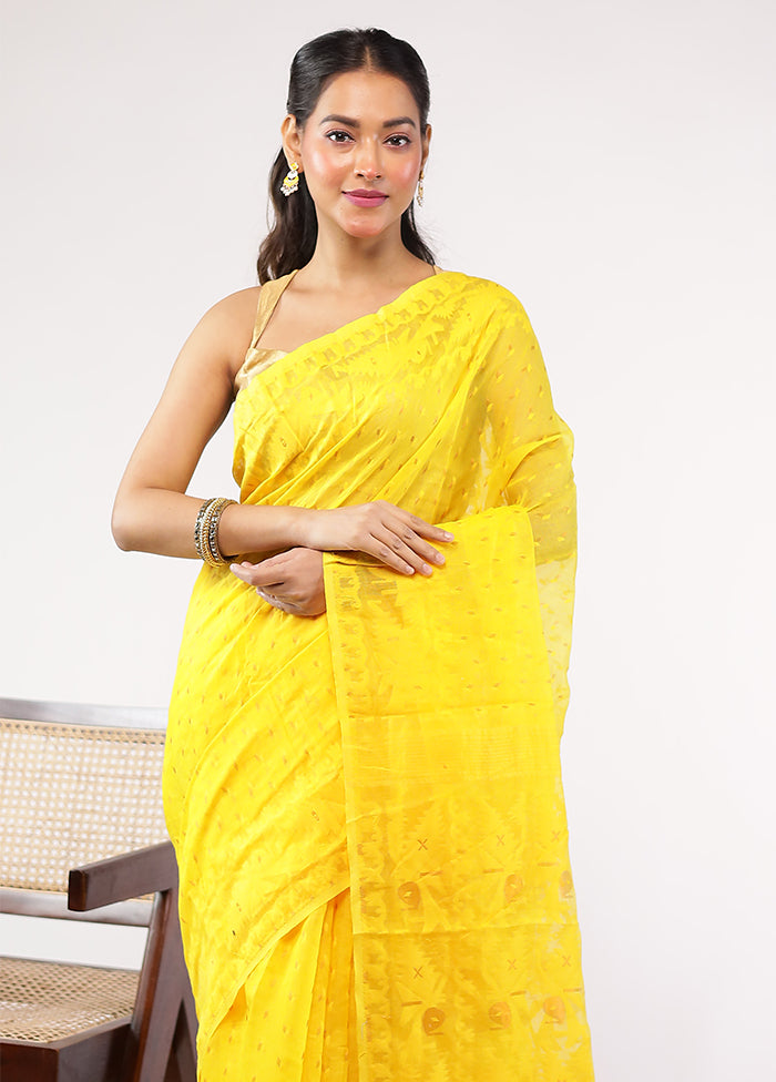 Yellow Jamdani Cotton Saree Without Blouse Piece