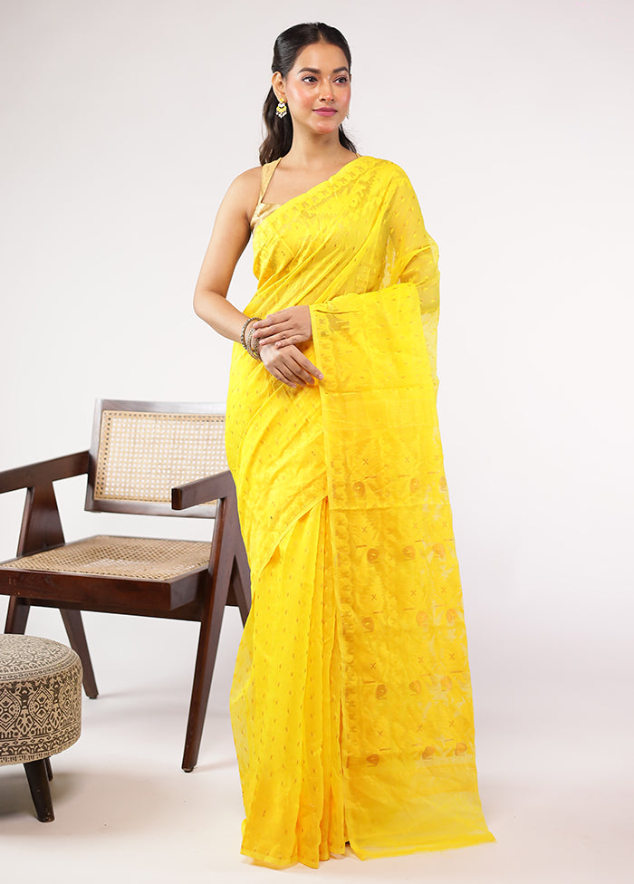 Yellow Jamdani Cotton Saree Without Blouse Piece