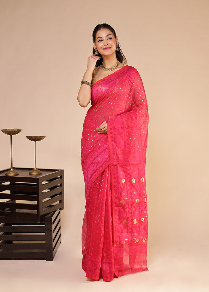 Pink Jamdani Cotton Saree Without Blouse Piece