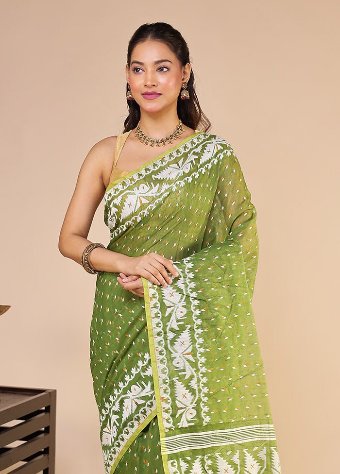 Green Jamdani Cotton Saree Without Blouse Piece