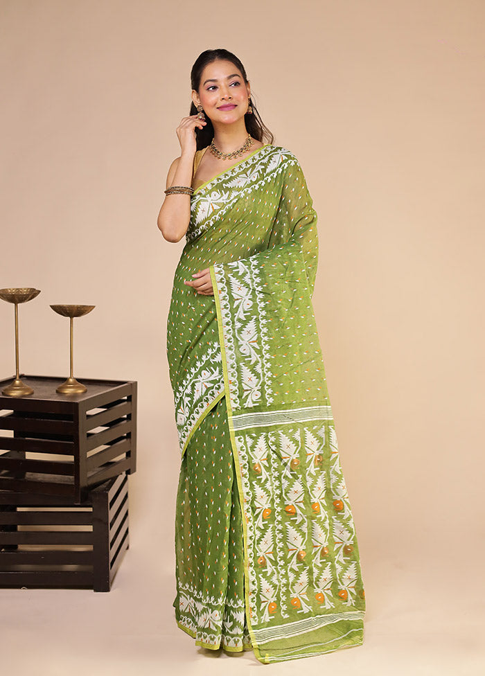 Green Jamdani Cotton Saree Without Blouse Piece