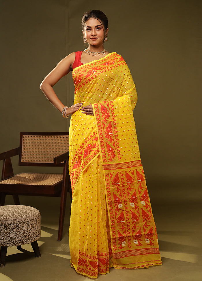 Yellow Jamdani Cotton Saree Without Blouse Piece